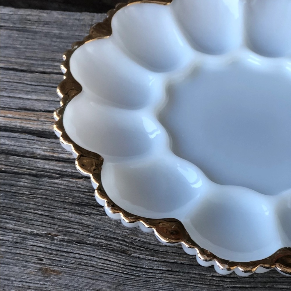 Milk Glass vintage Egg dish Fire-King Anchor Hocking deviled egg plate gold trim - Picture 9 of 11